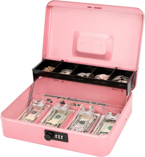 Jssmst Caja de Efectivo con Bandeja de Dinero y Cerradura - Caja de Efectivo Rosa con Cerradura de Combinación Segura Grande, Caja Registradora con