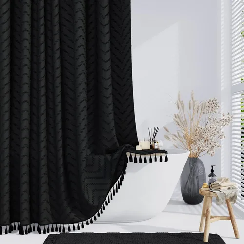 Miniatura 9 de Dynamene - Cortina de ducha de tela bohemia con rayas con chebrón en relieve, juego de cortina angosta para baño, media cortina impermeable