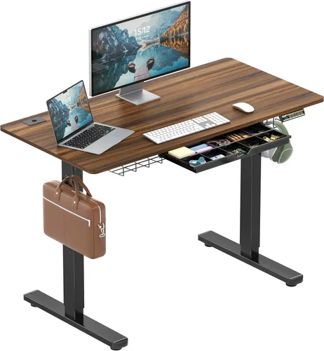 Miniatura 22 de SHW Escritorio eléctrico de pie ajustable de altura de 40 pulgadas con cajón, preajuste de memoria y bandeja de gestión de cables, color marrón