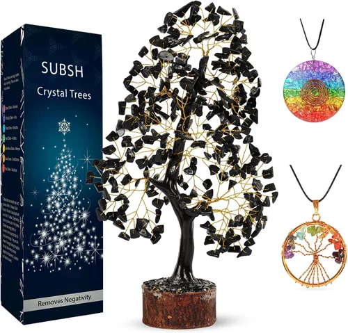Miniatura 32 de Árbol de la vida de cristal amatista de 10-12 pulgadas con 2 colgantes de chakra – Bonsái de cristal sanador, árbol del dinero para energía