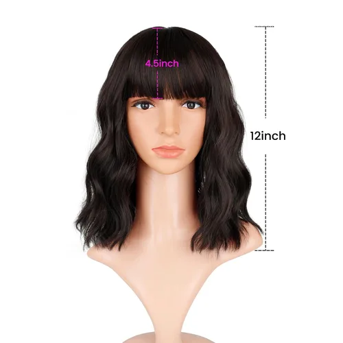 Miniatura 3 de VCKOVCKO Pelucas cortas de ondas naturales peluca marrón natural con flequillo de aire, para mujer, longitud al hombro, rizadas, onduladas, A