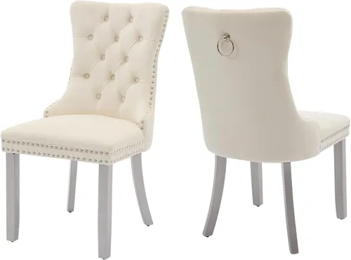 Miniatura 33 de Juego de 2 sillas de comedor de terciopelo, silla de comedor tapizada de alta gama con tirador de anillo en la espalda, adorno de clavos y patas