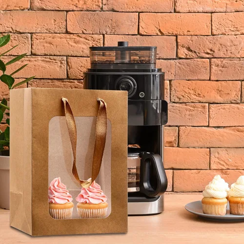 Miniatura 6 de Yexiya 15 bolsas de regalo de papel con ventana transparente, 7 x 5 x 10 pulgadas, bolsas de compras de papel kraft para bodas, cumpleaños