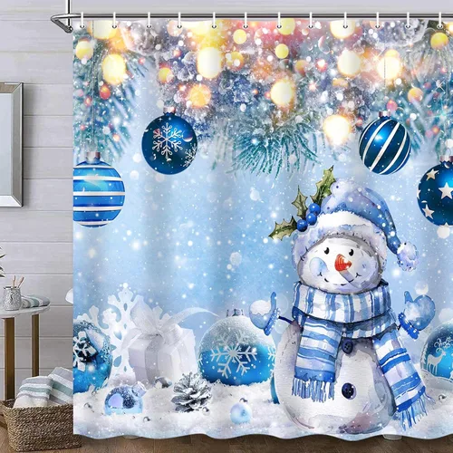 Miniatura 2 de Cortina de ducha de Navidad de invierno, muñeco de nieve, bola azul, copo de nieve, árbol de pino, cortina de baño para decoración de vacaciones