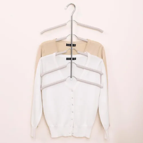 Miniatura 5 de Paquete de 3 perchas para blusas 5 en 1 que ahorran espacio, perchas acolchadas antideslizantes con brazo oscilante, acero inoxidable resistente