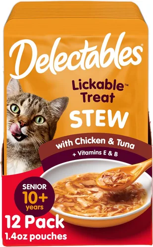 Delectables Lickable Treat Stew Senior 10+ - Golosina húmeda para gatos con pollo real y atún, adorno para alimentos, hidratante, sin granos, sin
