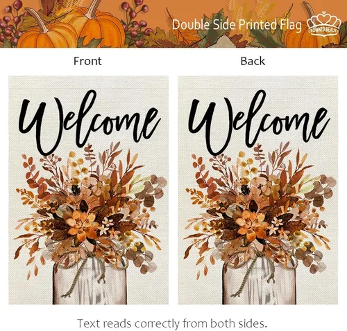 Miniatura 3 de CROWNED BEAUTY Bandera de jardín de otoño, frasco Mason floral de 12 x 18 pulgadas, doble cara para exterior, pequeña bienvenida de arpillera