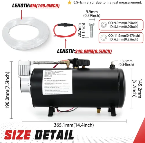 Miniatura 6 de PTNHZ Bomba de Tanque de Compresor de Aire DC 12V MAX 150PSI con Tanque de 3 Litros 0.8 Galones Para Tren, Camión, Barco, Camioneta, Autocaravana.