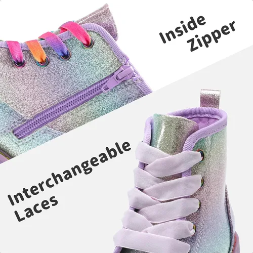Miniatura 4 de DREAM PAIRS Botas de tobillo con purpurina para niñas y niños, zapatos de combate con cremallera lateral con cordones (bebéniño pequeñoniño grande)