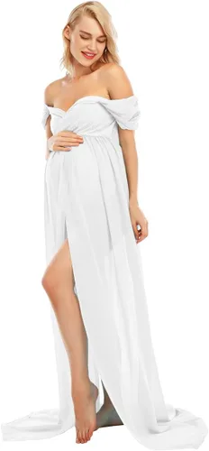 Miniatura 5 de ZIUMUDY Vestido de gasa de maternidad con hombros descubiertos para sesión de fotos, vestido largo de encaje frontal dividido para fotografía
