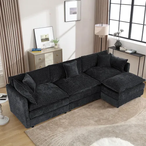 Miniatura 46 de Setawix Sofá Profundo de 3 Plazas con Otomana, Sofás de Nube en Forma de L de 112.2" para Sala de Estar, Sofá de Nube de Chenilla con Asiento Café