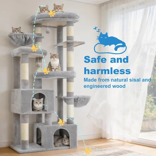 Miniatura 6 de Hey-brother Árbol para gatos, torre de 67.3 pulgadas con 3 camas de plataforma suave, 2 condominios grandes, 9 postes rascadores de sisal, 2 hamacas