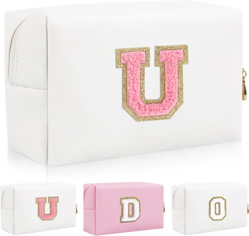 Miniatura 36 de Bolsa de maquillaje con parche de letra inicial personalizada, bolsa de cosméticos de chenilla preppy con letra de chenilla con cremallera, Y