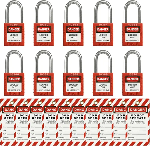 R1001T - Juego de 10 cerraduras de bloqueo con llave diferente, 2 llaves por cerradura, con 10 etiquetas, para estaciones y dispositivos, R1001T