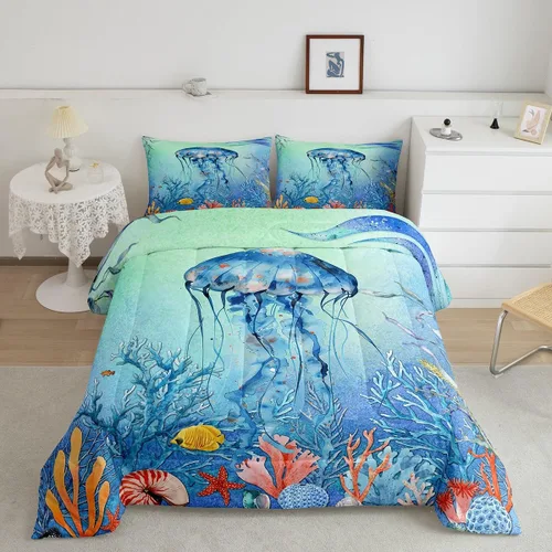 Miniatura 18 de Juego de edredón de ballena individual, juegos de ropa de cama retro con temática náutica para decoración de dormitorio, edredón de plumón de vida