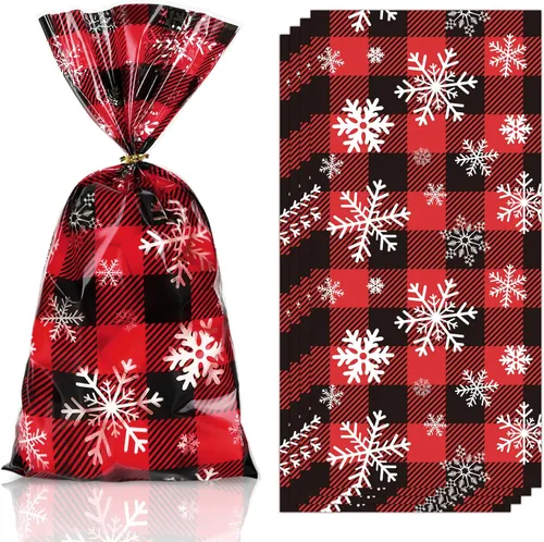 Whaline 160 bolsas de celofán de Navidad, diseño de búfalo rojo y negro, bolsas de regalo de plástico con lazos giratorios para suministros de