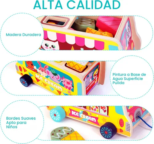 Miniatura 6 de HELLOWOOD Camión de helados de madera, 28 piezas magnéticas de helados dulces, alimentos y accesorios, juguetes Montessori de clasificación