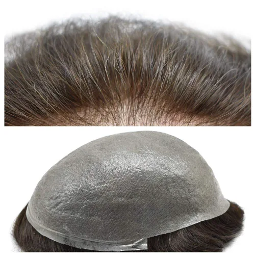 Toupee - Sistema de reemplazo de pelo transparente para hombres de piel ultrafina de 0.002 in, poliéster superfino, todos los lazos en V, base