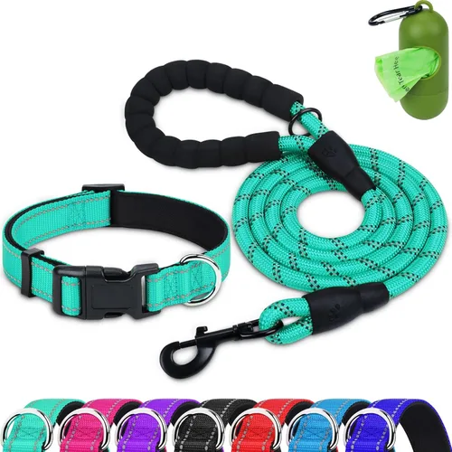 Miniatura 16 de Dynmeow Juego de collar y correa reflectante para perro, correa de cuerda de escalada fuerte de 6 pies con mango acolchado, collar ajustable