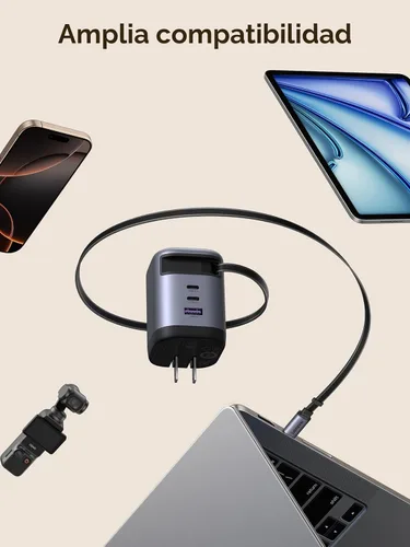 Miniatura 8 de UGREEN Nexode - Cargador retráctil USB C de 100 W GaN con cable integrado, adaptador de pared de carga rápida de 3 puertos para laptop, MacBook