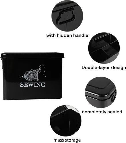 Miniatura 2 de Cesta de costura de metal de 2 niveles con bandeja extraíble, organiza suministros de costura, tijeras, hilo, alfileres y clips con estilo (negro)
