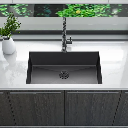 Sinber HU3219S-B Fregadero de Cocina Empotrado de Un Solo Compartimento de 32" x 19" x 10" con Acero Inoxidable 304 Calibre 18 Acabado Negro (Solo