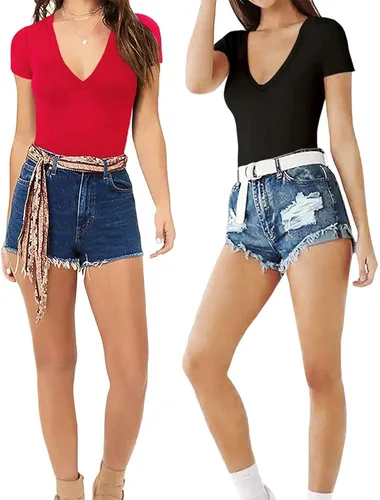 Miniatura 4 de MANGOPOP - Camiseta de manga corta entallada con cuello en V para mujer