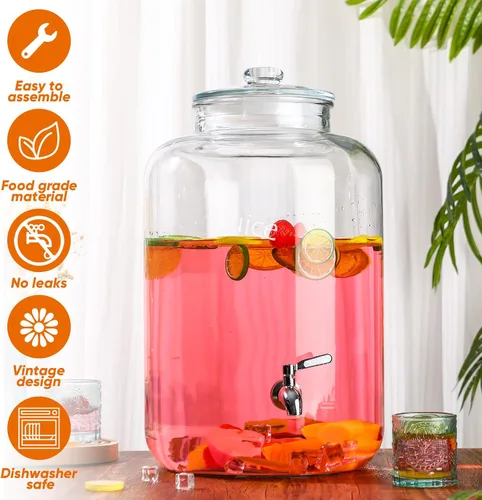 Miniatura 3 de Baderke Dispensador de bebidas de vidrio de 6 galones para fiestas, dispensador de agua de vidrio con espiga de acero inoxidable 18/8 a prueba