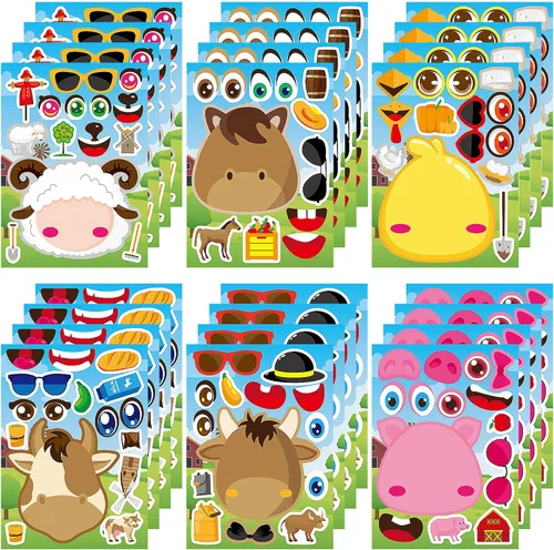 Miniatura 34 de 24 hojas de calcomanías de abeja para hacer una cara, lindos juegos de fiesta de animales, calcomanías para mezclar y combinar, haz tus propias vaca