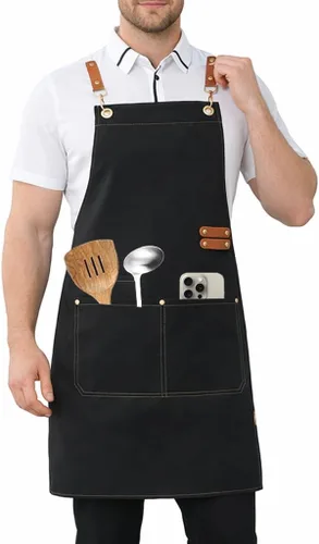 Delantal de chef para hombres y mujeres – Lona impermeable pesada con diseño de espalda cruzada sin dolor de cuello, 4 bolsillos y lazos de cuero