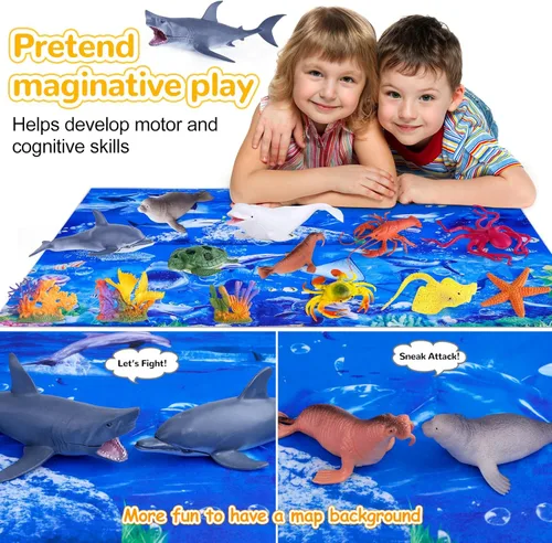 Miniatura 4 de GINMIC Juguetes de animales del océano para niños con alfombra de juego grande, paquete de 18 juguetes de animales marinos realistas surtidos