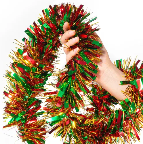Miniatura 8 de Guirnalda de oropel de Navidad de 50 pies, guirnalda metálica torcida roja y verde, decoración navideña gruesa y brillante para árbol, manto