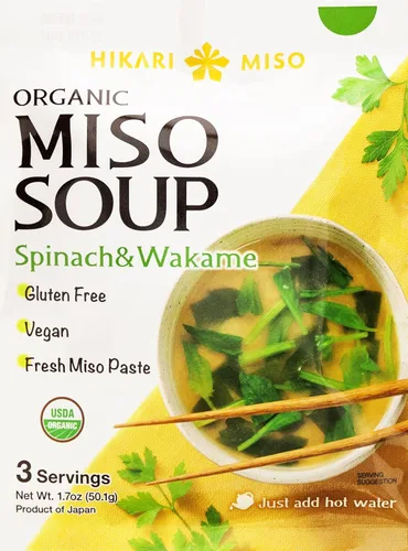 Sopa de Miso Instantánea - Hikari Miso Sopa Instantánea Orgánica de Miso con Espinaca y Wakame - Sin MSG, Vegana, Sin Gluten, Orgánica USDA -