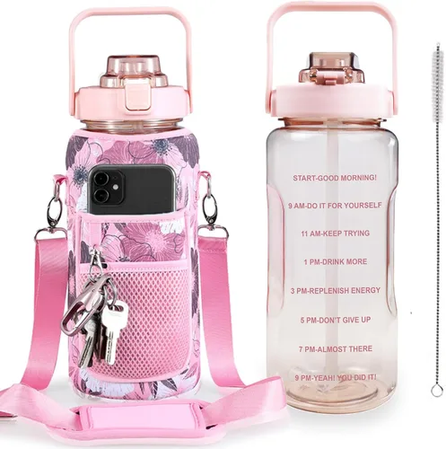 Botella de agua de medio galón con manga, botella de agua motivacional de 64 onzas con popote y marcador de tiempo, botella de agua grande para Rosa