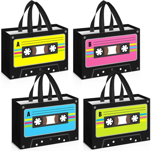 WILLBOND 16 bolsas de recuerdos de fiesta de los años 80 y 90 de 12 x 8 pulgadas, reutilizables, no tejidas, con asa, retro, de los años 80, hip