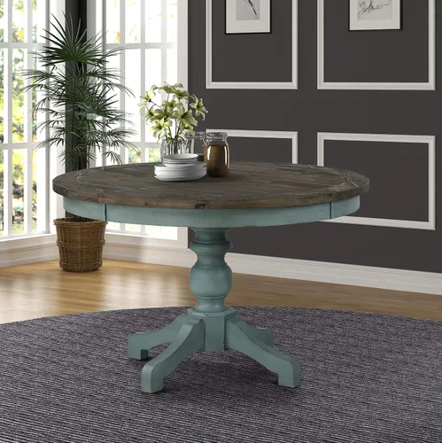 Miniatura 4 de Roundhill Furniture Prato - Juego de mesa de comedor redonda de 5 piezas con sillas de respaldo cruzado, color azul antiguo y nogal envejecido