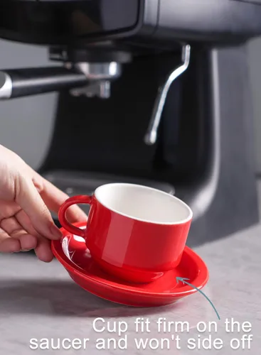 Miniatura 7 de SWEESE - Tazas de porcelana apilables, de 8 onzas, con platillos y soporte de metal, para bebidas especializadas del café, capuchino, latte, Rojo