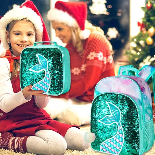 Miniatura 3 de 3 mochilas para niñas, 16 pulgadas con lentejuelas para preescolar y lonchera