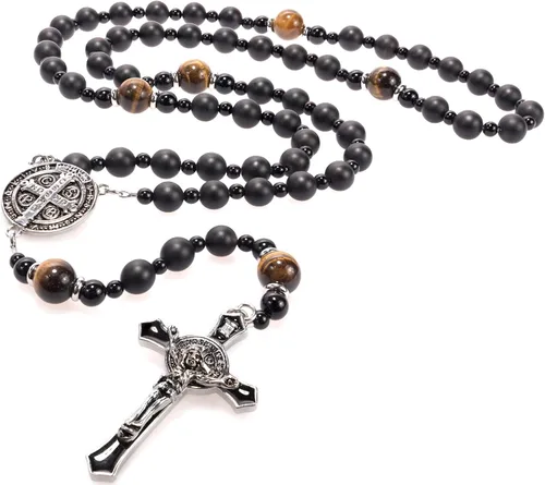 Rosario negro de San Benito con cuentas católicas Rosario de ónix resistente Rosario antiguo de piedra hecha a mano con crucifijo de San Benito y