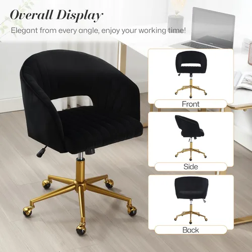 Miniatura 8 de Silla de escritorio giratoria para oficina en casa, moderna silla de escritorio de terciopelo, sillón de altura ajustable con base dorada, silla