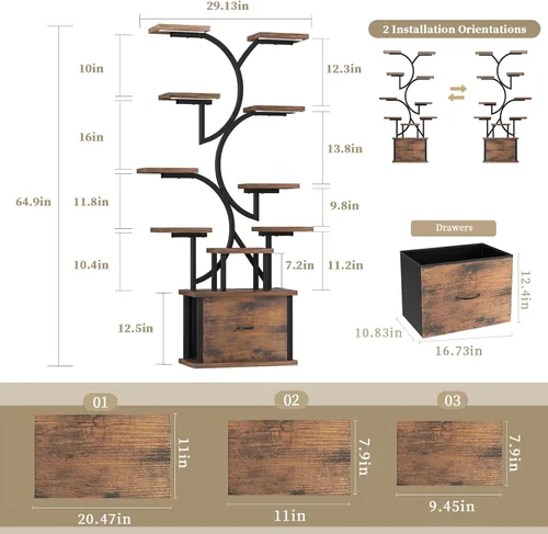 Miniatura 8 de Soporte para plantas de interior con luces de crecimiento, estante para plantas de 11 niveles con cajón, soportes de esquina de 65 pulgadas