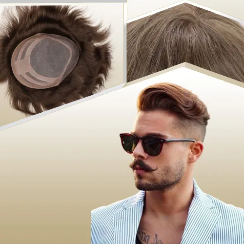Sistema de reemplazo de cabello humano para hombre, tupé para hombre, piel fina con parte superior de encaje mono y la parte trasera de poliuretano