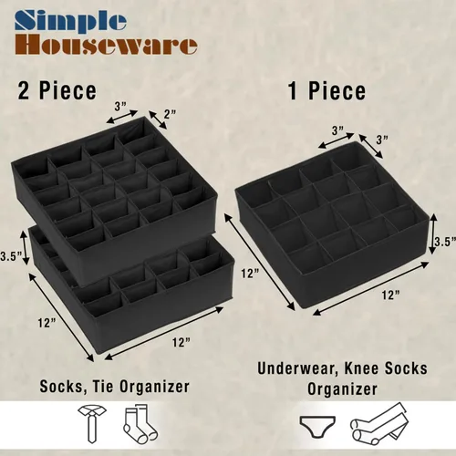 Miniatura 2 de Simple Houseware Organizador de Cajón de Calcetines para Cómoda/Armario/Dormitorio, Paquete de 3, Negro
