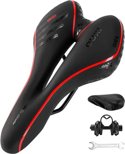 OUXI Asiento de Bicicleta Cómodo Sillín de Bicicleta de Gel Cómodo de Repuesto Suave Acolchado con Absorción de Impactos Impermeable para MTB Rojo