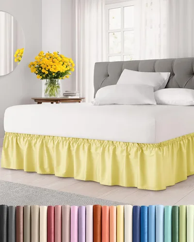 CGK Linens - Falda de cama envolvente con volantes, color amarillo, para camas de tamaño King con altura de 15 pulgadas sin arrugas, plisada con 29