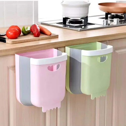 Miniatura 3 de Cubo de basura colgante de cocina, cubo de basura pequeño plegable para puerta de armario de cocina, contenedor de basura de plástico plegable Verde