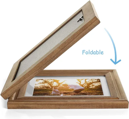 Miniatura 9 de Portarretratos de 5 x 7, doble bisagra horizontal de madera con marco de fotos plegable con frente de cristal real en grano de madera envejecido