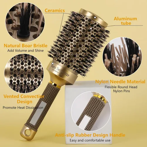 Miniatura 4 de Cepillo redondo de cerdas de jabalí para secado por soplado, cepillo de pelo de cerámica nano térmico y tecnología iónica para rizar y alisar