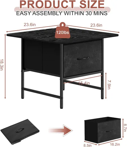 Miniatura 3 de Shinoske Mesa auxiliar cuadrada con cajón de almacenamiento, pequeñas mesas de centro negras para sala de estar, mesa central de granja de 2 niveles