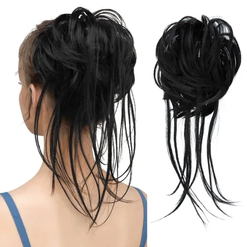 CJL HAIR - Extensión de cabello grueso, tipo coletero de chongo desordenado, con colas rectas, sintética, para peinados de mujeres, color negro